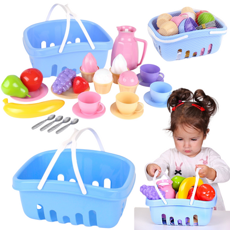 ZESTAW STOŁOWY NACZYNIA W KOSZYKU SKLEPOWYM PRZYBORY OWOCE DESERY 7242