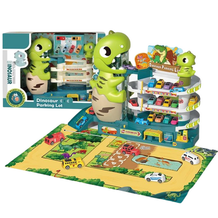 Zestaw Parking Trzypoziomowy Samochody Mata Dinozaury Winda Rampa Autka