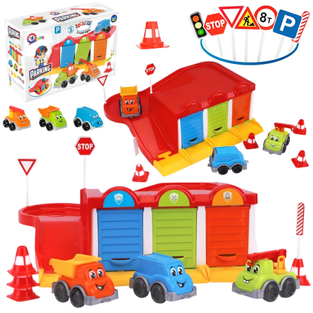 ZESTAW PARKING Z 3 SAMOCHODZIKAMI DLA DZIECI KOLOROWY PARKING ZJAZD ZNAKI 8584