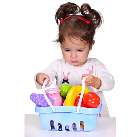 ZESTAW STOŁOWY NACZYNIA W KOSZYKU SKLEPOWYM PRZYBORY OWOCE DESERY 7242