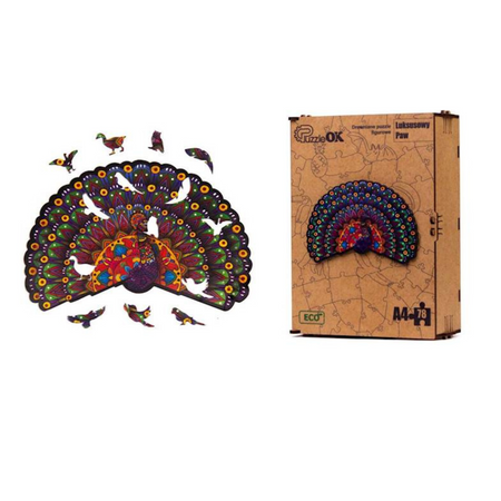 PUZZLE DREWNIANE UKŁADANKA LUKSUSOWY PAW ZESTAW PUZZLI A4 OZDOBA KOLOROWA PuA4-01735