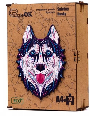 PUZZLE DREWNIANE UKŁADANKA HUSKY ŚNIEŹNY PIES  PuA4-00714