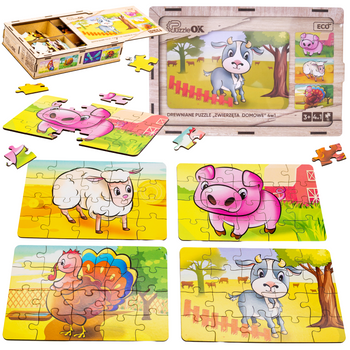 Drewniane Puzzle 4w1 Zwierzęta Na Farmie Układanka Zestaw Farma