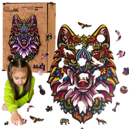 PUZZLE DREWNIANE UKŁADANKA TAJEMNICZY WILK KOLOROW  PuA4-00711