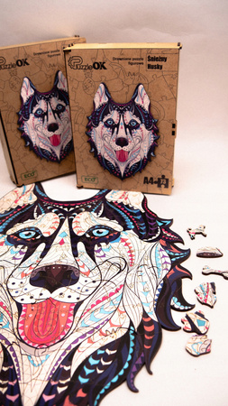 PUZZLE DREWNIANE UKŁADANKA HUSKY ŚNIEŹNY PIES  PuA4-00714