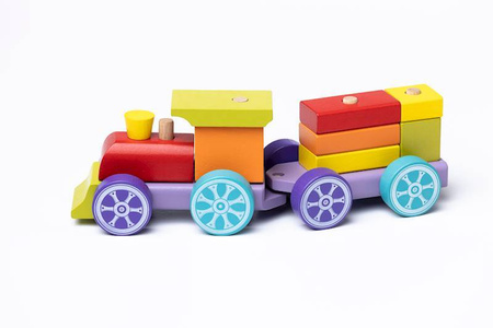 POCIĄG LOKOMOTYWA CIUCHCIA DREWNIANY KOLOROWY WAGONIKI UKŁADANIE KLOCKÓW