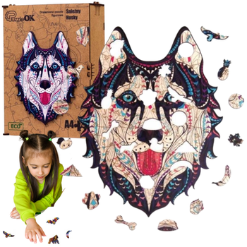 PUZZLE DREWNIANE UKŁADANKA HUSKY ŚNIEŹNY PIES  PuA4-00714