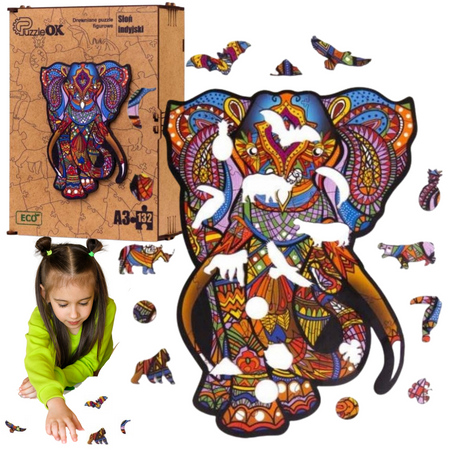 PUZZLE DREWNIANE UKŁADANKA SŁOŃ SŁONIK KOLOROWY  PuA3-05326