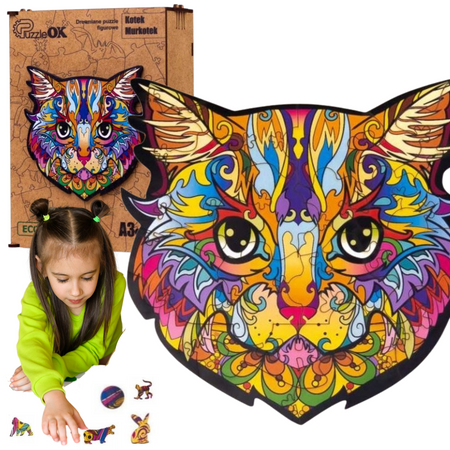 PUZZLE DREWNIANE UKŁADANKA KOT KOTEK KOLOROWY  PuA3-02724