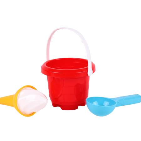 ZESTAW DO PIASKU W OKRĄGŁYM WIADERKU FOREMKA W KSZTAŁCIE LODA ŁYŻKA 7068