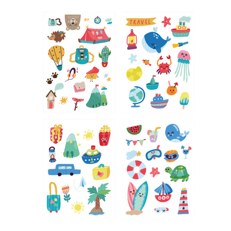 ZESTAW TYMCZASOWYCH TATUAŻY "PODRÓŻE" 4 ARKUSZE Z KOLOROWYMI TATUAŻAMI