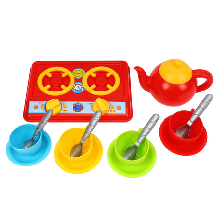 ZESTAW NACZYŃ ZABAWKOWYCH ZESTAW KUCHENNY KUCHENKA GAZOWA CZAJNIK FILIŻANKI