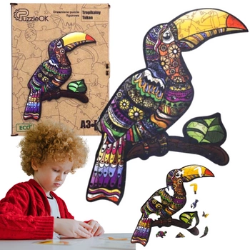 PUZZLE DREWNIANE UKŁADANKA TROPIKALNY TUKAN ZESTAW PUZZLI A3 OZDOBA  PUA3-00734